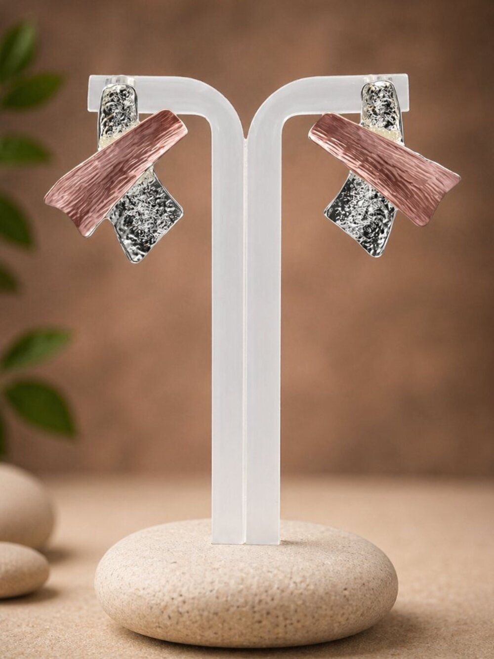 Modern Two-Tone Silver and Rose Gold Post Earrings - Picture 4 of 5